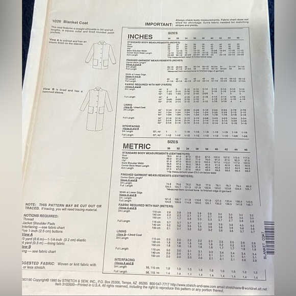 Stretch & Sew Pattern 1026 Blanket Coat (3/4 and Full Length) - Picture 2 of 2